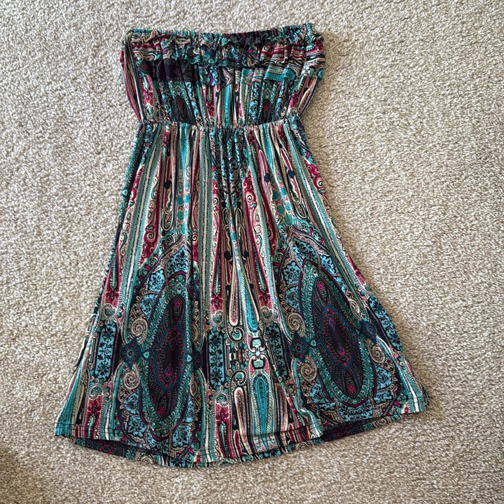 Kirat women’s strapless ruffled paisley patterned hippie boho dress one size